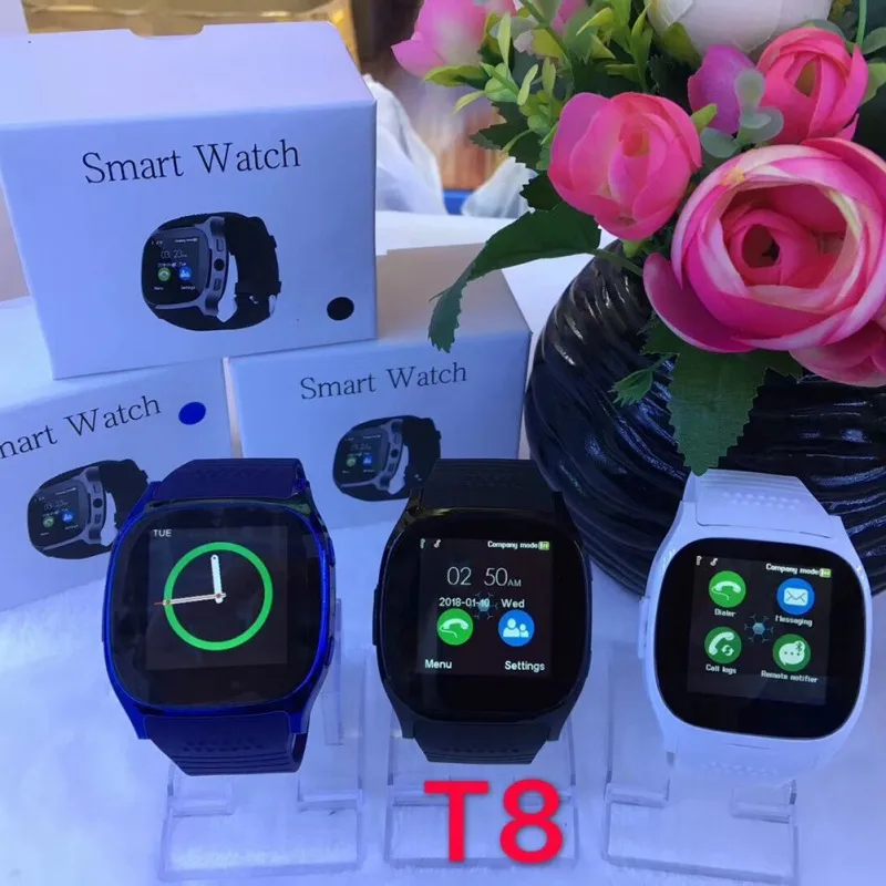 Bluetooth T8 умные часы с поддержкой SIM и TF карты с камерой, синхронизация вызовов, сообщения, мужские и женские умные часы для Android