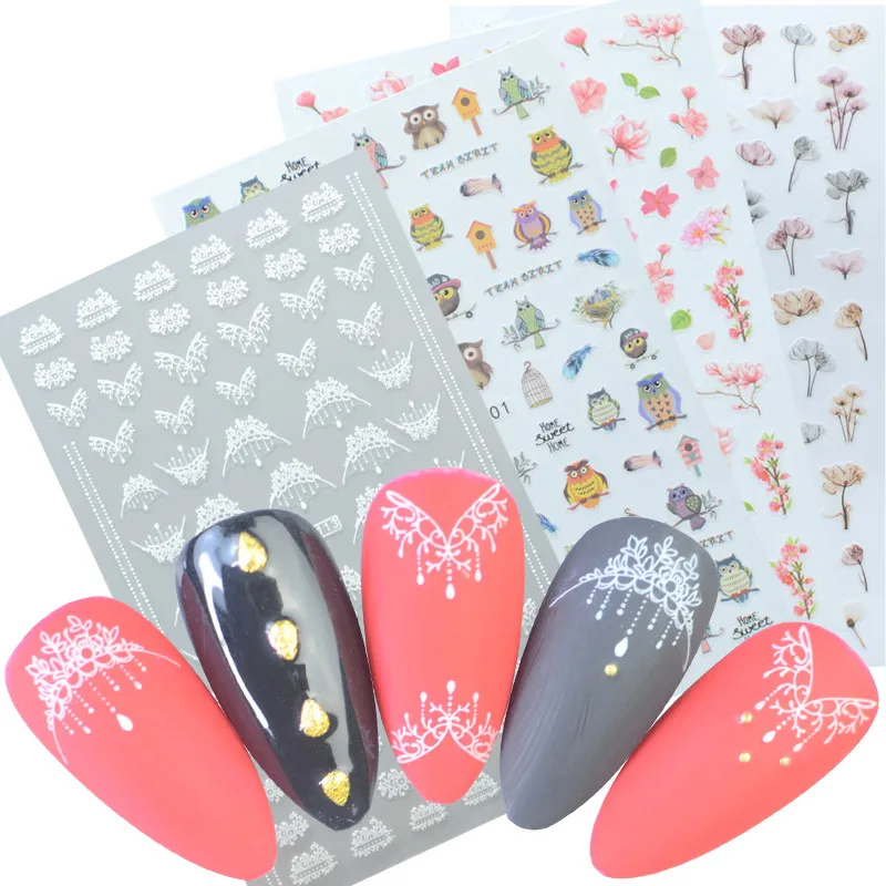 

1 Sheet White Flower Lace Mix Patterns Necklace 3D Nail Sticker Nail Art Ultra thin Back Gummed Decal Tips Wraps DIY Decorations