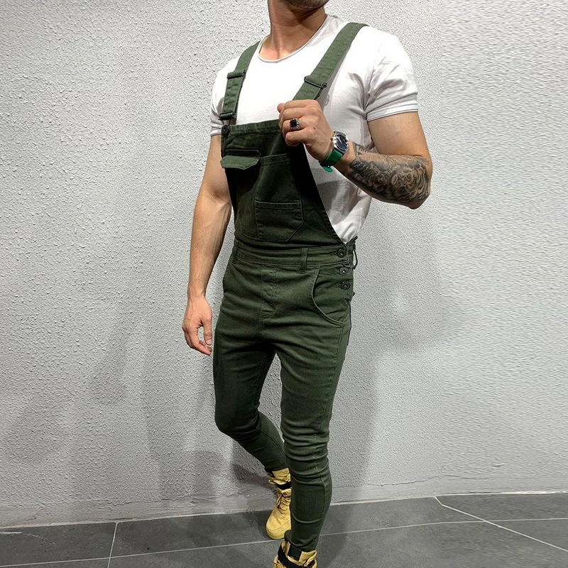 Laamei Men Adjustable Shoulder Strap Slim Denim Overalls Casual Bib Pants Jumpsuit Fashion Overalls For Man Suspender Pants