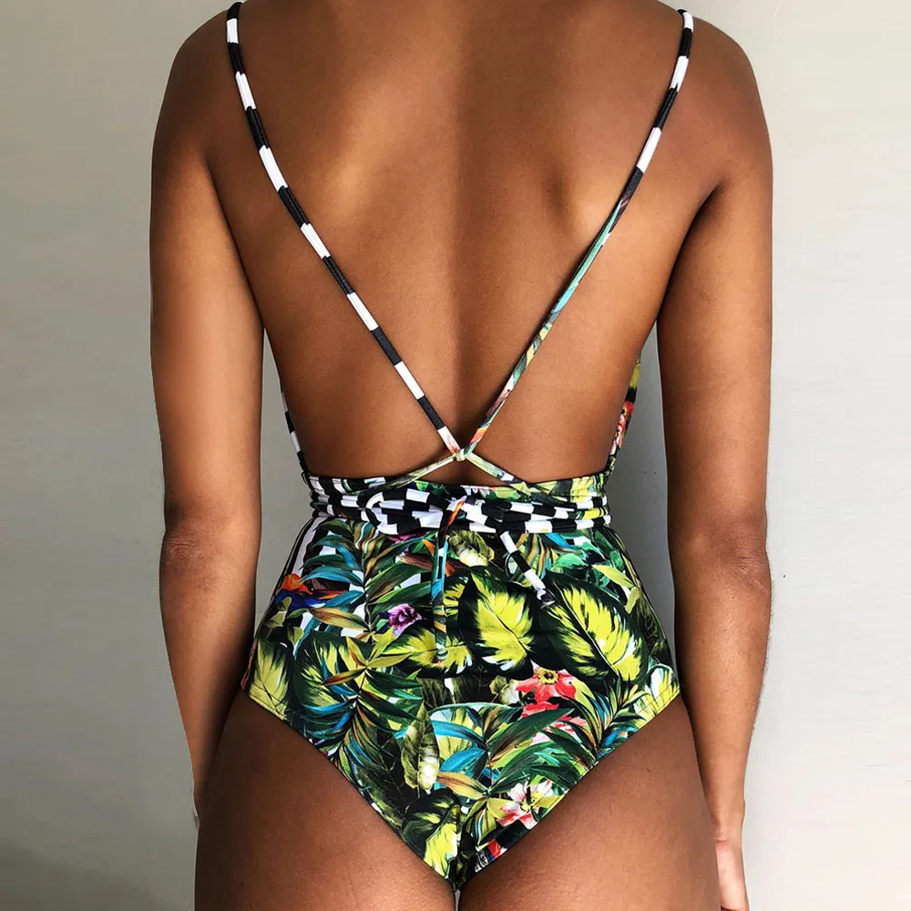 Women Bikini Set Floral Printed Swimwear Vintage Striped Bottom Biquini Summer Halter Sexy High Waist Swimsuit Beach Wear