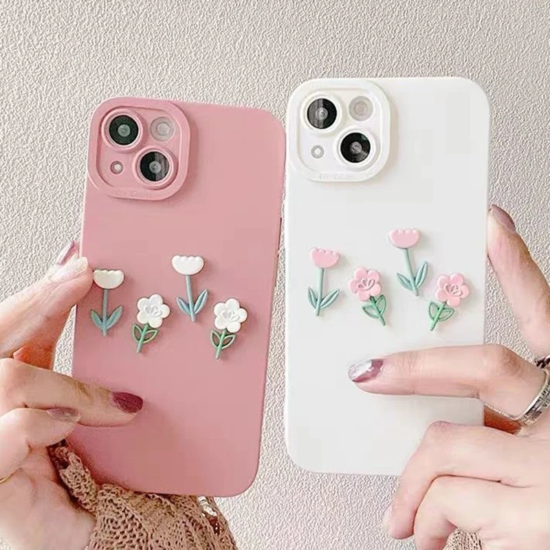 Korean Aesthetic 3D Flower Pink Phone Case For iPhone 14 13 12 11Pro XS
