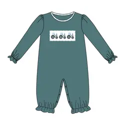 Barboteuse à manches longues pour filles, vêtements d'automne, poignets élastiques bleus, trois tracteurs brodés, motif, pour bébés 