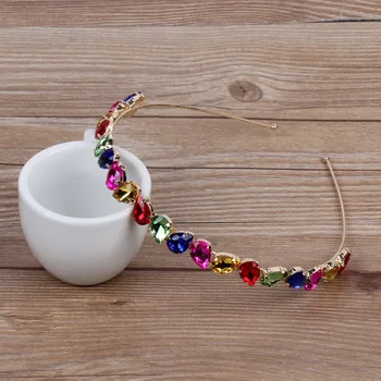 

Florosy Gold Color Plated Metal Colorful Glass Crystal Hairbands for Women Fashion New Water Drop Rhinestone Headband Jewelry
