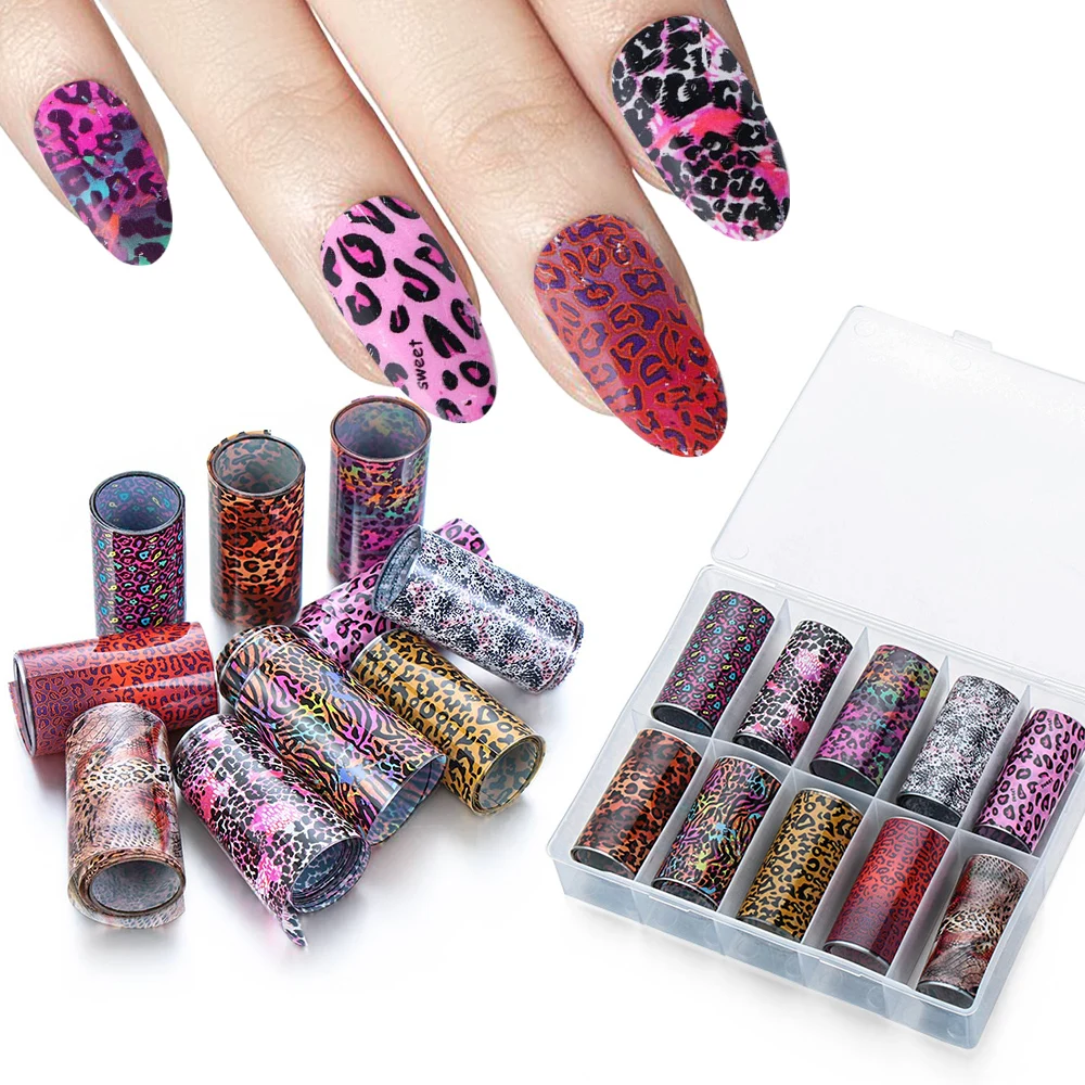 NEW 10Pcs/Box Leopard Print Nail Stickers Nails Foil Transfer Starry Sky Decals Slider For Nails Art Decorations Manicure Design