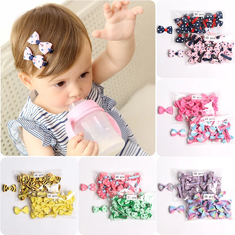 

40 Pcs/Lot 4 CM Dot Ribbon Hair Clips for Girls Handmade Boutique Kids Hairgrips with Safe Clips for Baby Girls Hair Accessories