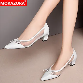 

MORAZORA 2020 New arrive genuine leather women pumps fashion sweet single shoes pointed toe med heels shoes woman summer