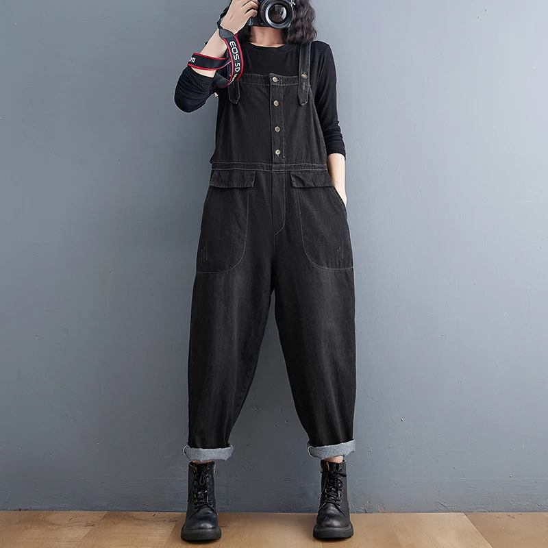 Casual Streetwear Black Denim Jumpsuit Women Loose Wide Leg Plus Size Jeans Overalls Harajuku Single-breasted Straps Baggy Pants casual streetwear denim jumpsuit women loose wide leg plus size jeans overalls harajuku single breasted straps baggy pants