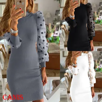 

New 2020 Women's Knit Bodycon Sweater Dress Long Puff Sleeve Long Jumper Pencil Dresses