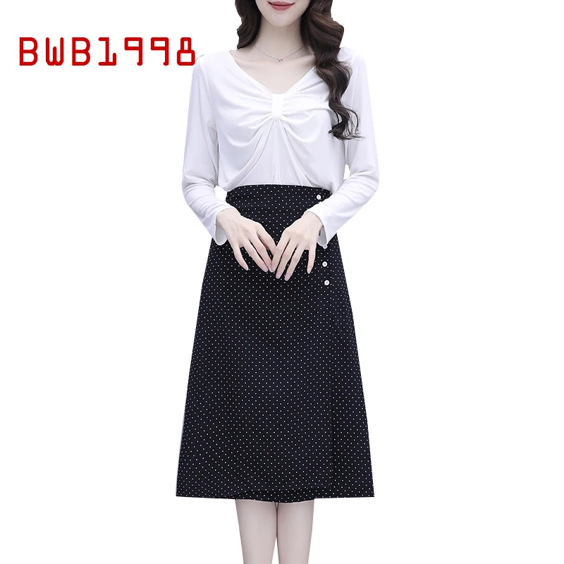 

BWB1998 Mid-length Black Polka Dot Chiffon Skirt 2020 Autumn New Western Style Solid Color Long-sleeved Top Two Piece Set Women