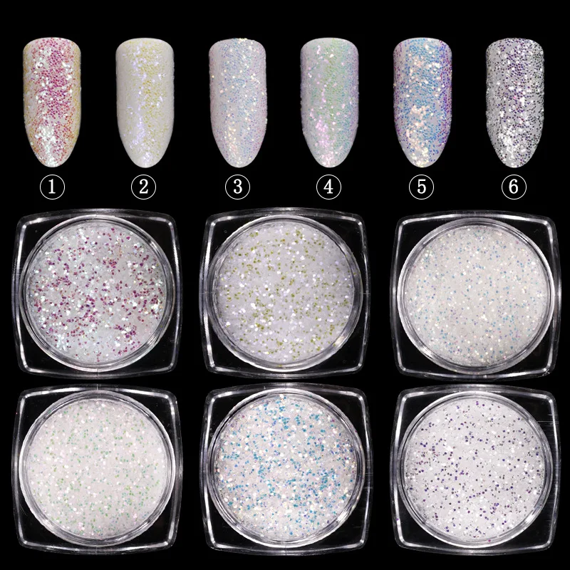 

1PC Nail 6-color shell Sparkling Powder 6-color transparent sequins transparent hallucinogenic Mermaid sequins high-grade CC107