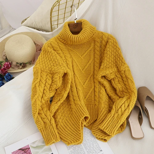 yellow Neploe, Ретро стиль, Одноцветный, твист, свитер, женский, водолазка, Повседневный, вязаный, пуловер, корейский, высокая талия, волнистый, трикотажный подол, джемпер, 55874 - Цвет: yellow