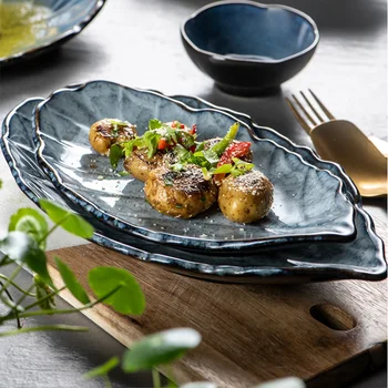 

Art Ceramic Leaf-shaped Western Food Ramen Plate Japanese Household Shallow Mouth Sushi Dessert Plate Hotel Restaurant Tableware