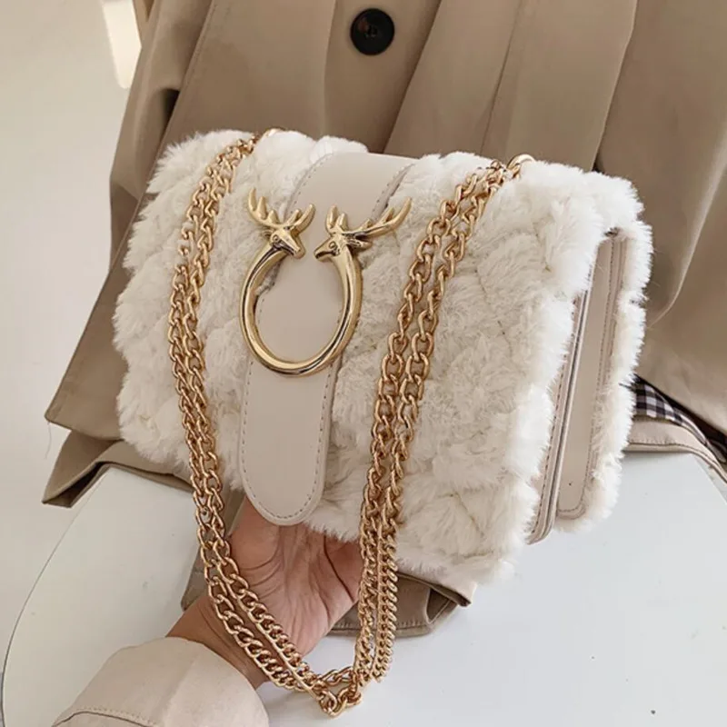 Female Winter Soft Plush Fur Designer Handbag Deer Lock Chain Shoulder Bag sMessenger Crossbody Bags For Luxury Women Bolsa 2021 1