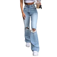 2021 Flare Jeans Women Holes Ripped Jeans Hollow Out High Waist Zipper Fly Denim Blue Black Vintage Jeans Wide Leg Pants New