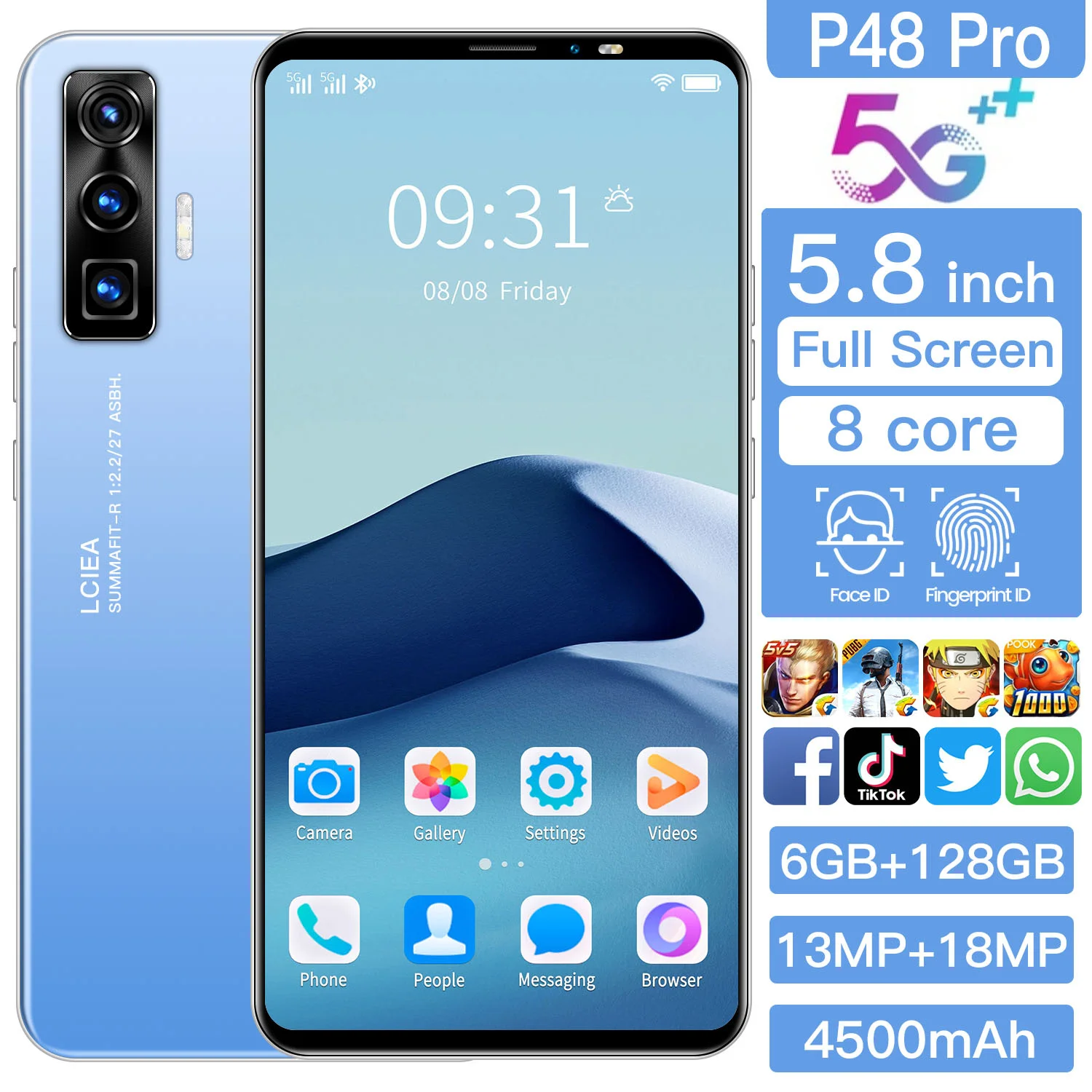 New Arrival P48Pro 5.8 Inch 4+64GB 6+128GB 8 Core 13+18MP Smart Phones Face ID 4500mAh Double SIM Card Andriod Mobile Phone