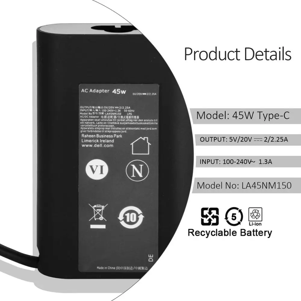 Зарядное устройство 45 Вт для ноутбуков DELL XPS 11 12 13 9360 9370 9333 Inspiron 14 7437 Series 332 1827 Latitude и