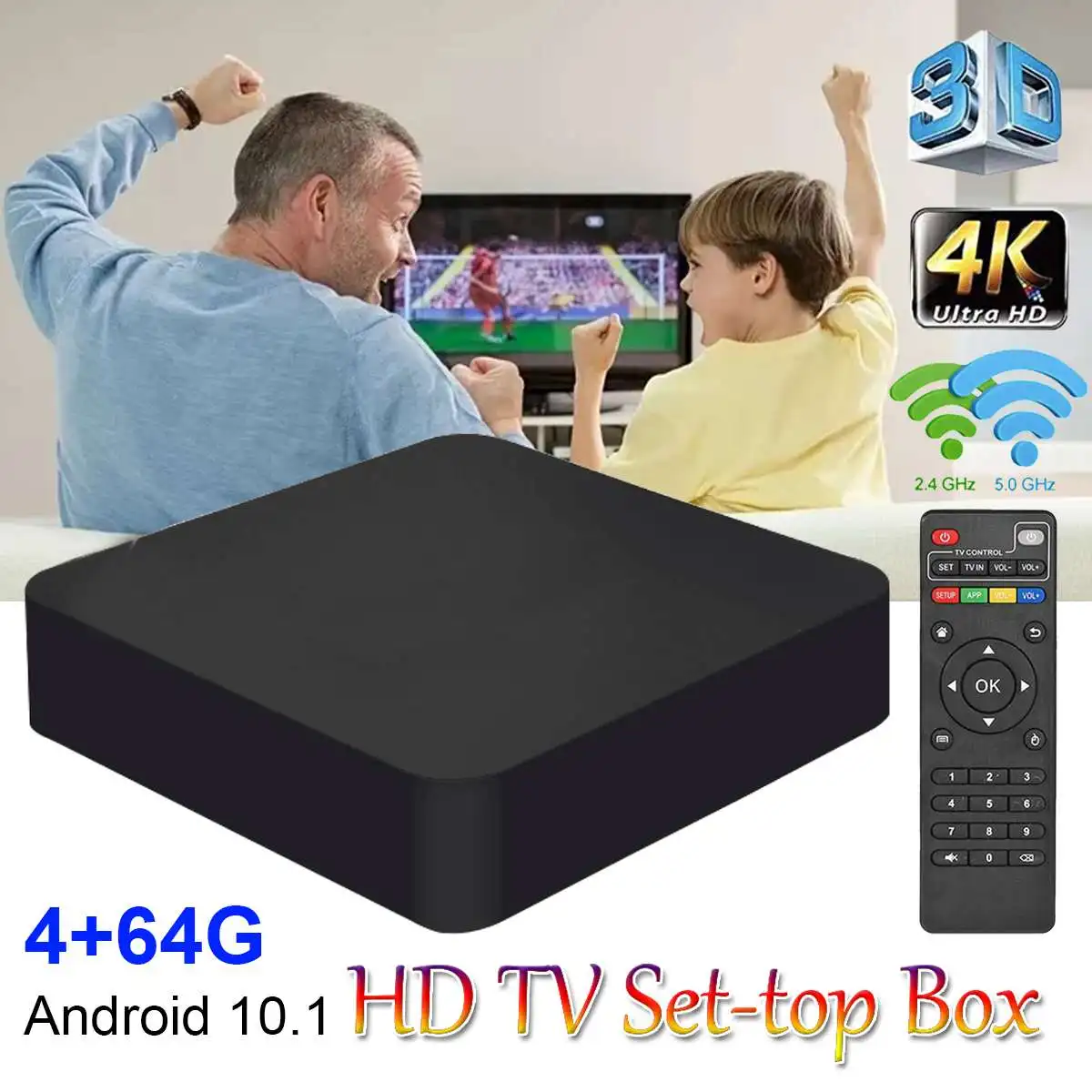 

4K 4GB+64G Quad Core RAM 64GB ROM 4G Android 10.1 TV BOX 2.0 HD SD Slot 2.4GHz+5G WiFi Network Player Network Set-Top Box