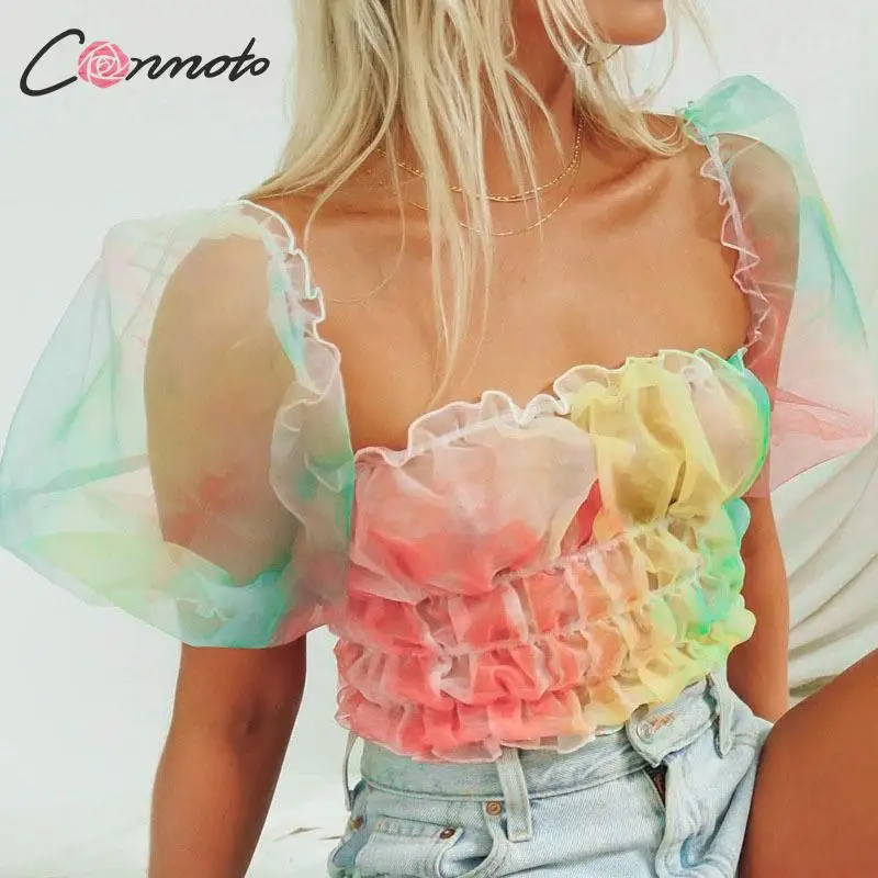 Conmoto прозрачная сетчатая сексуальная клубная блузка, женская летняя блузка с рюшами, рубашка, прозрачная пышная крученая женская блузка