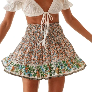 

Vintage Women Pleated Floral Elastic High Waist Mini Skirt Fashion Women Ruffled Boho Skirt Beach Short Skirts