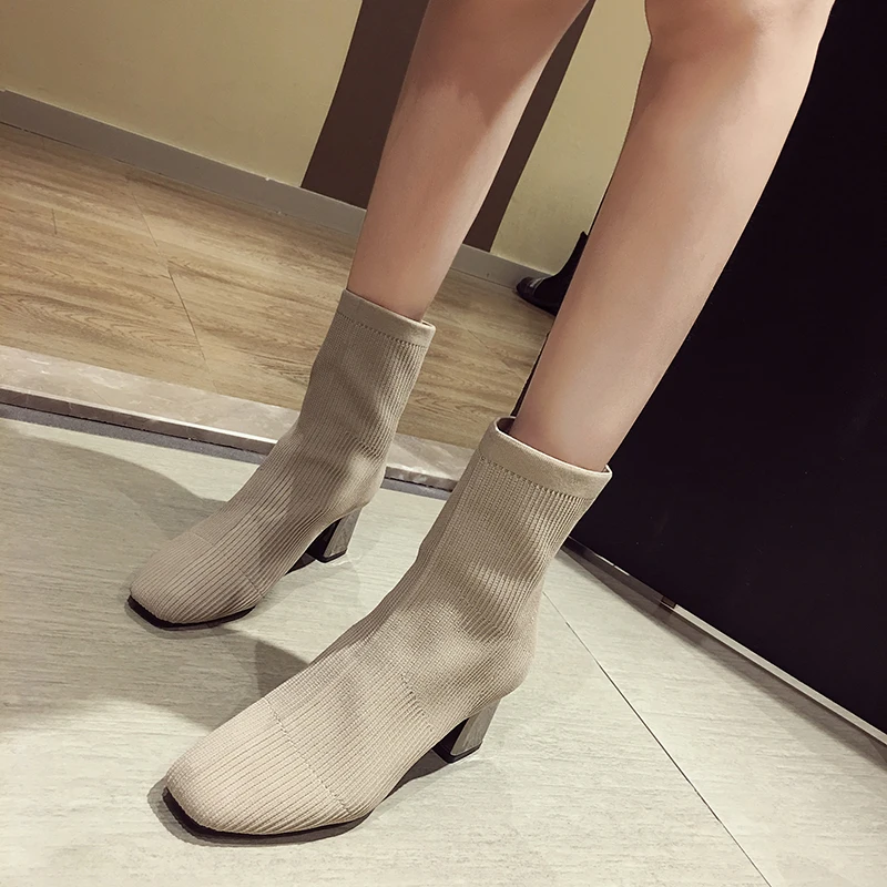 

Brand Women's Shoes Elegant Woman Boots Booties Ladies Chunky Heel Lace Up Fashion Stockings Autumn High Heel Pointy Rubber
