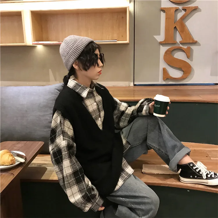 Harajuku Stylw шикарный Однотонный свитер жилет для колледжа для женщин на улице осень/зима ветер v-образным вырезом жилет клетчатая рубашка куртка