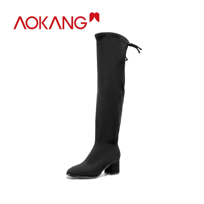 AOKANG/2019 г. Теплые сапоги женские Зимние ботфорты с острым носком на толстом