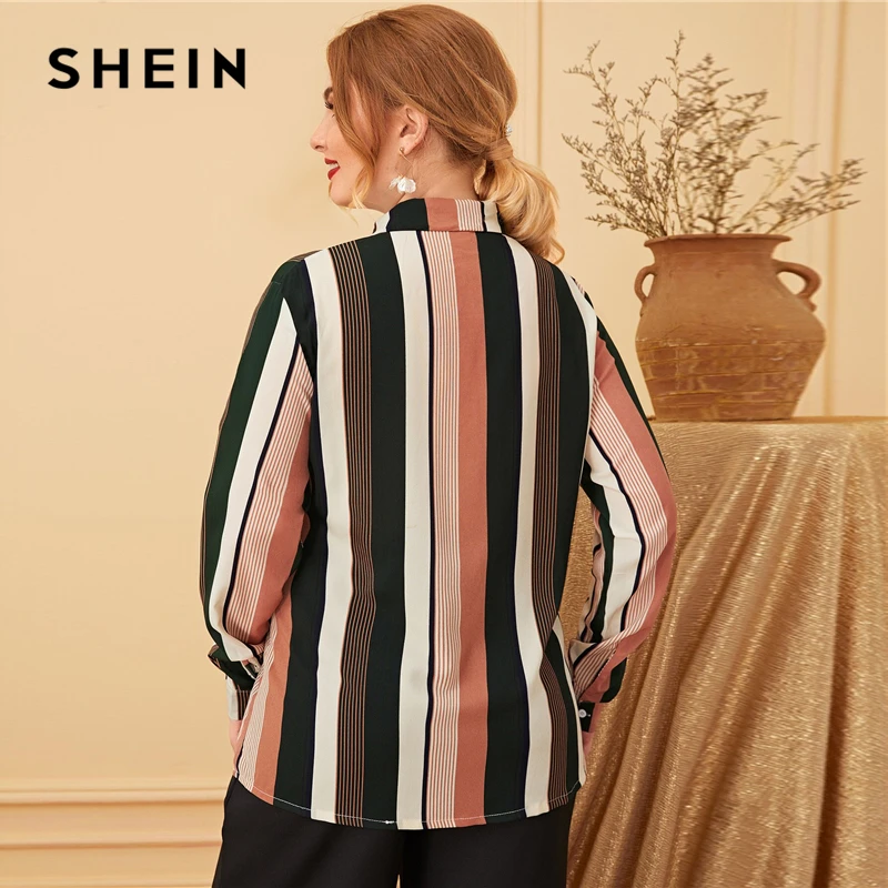  SHEIN Plus Size Multicolor Block Stripe Tie Neck Shirt Blouse Top Women Autumn Long Sleeve Elegant 