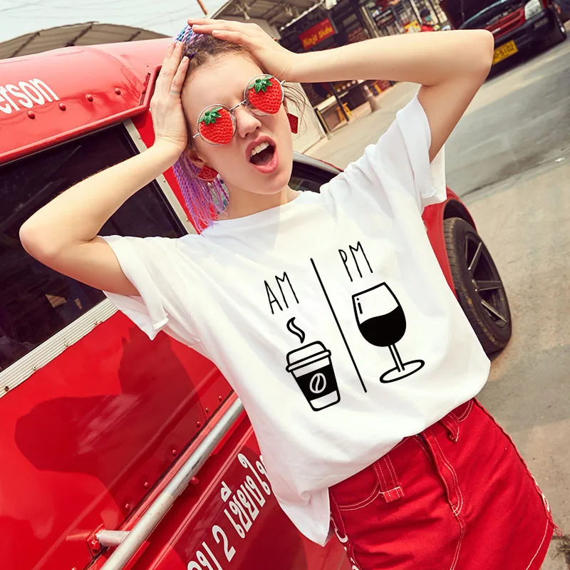 Showtly AM Coffee PM Red Wine Femal Tshirt Top Tees kawaii T Shirts Women Harajuku Short Sleeve Fun Ulzzang T-Shirt | Женская одежда