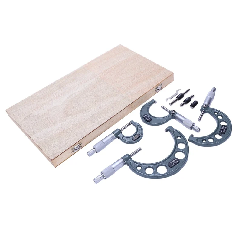 0-25Mm/50Mm/75Mm/100Mm/0.01 Outside Micrometer Set Tipped Metric Gauge Screw Thread 4Pcs Measuring Tools