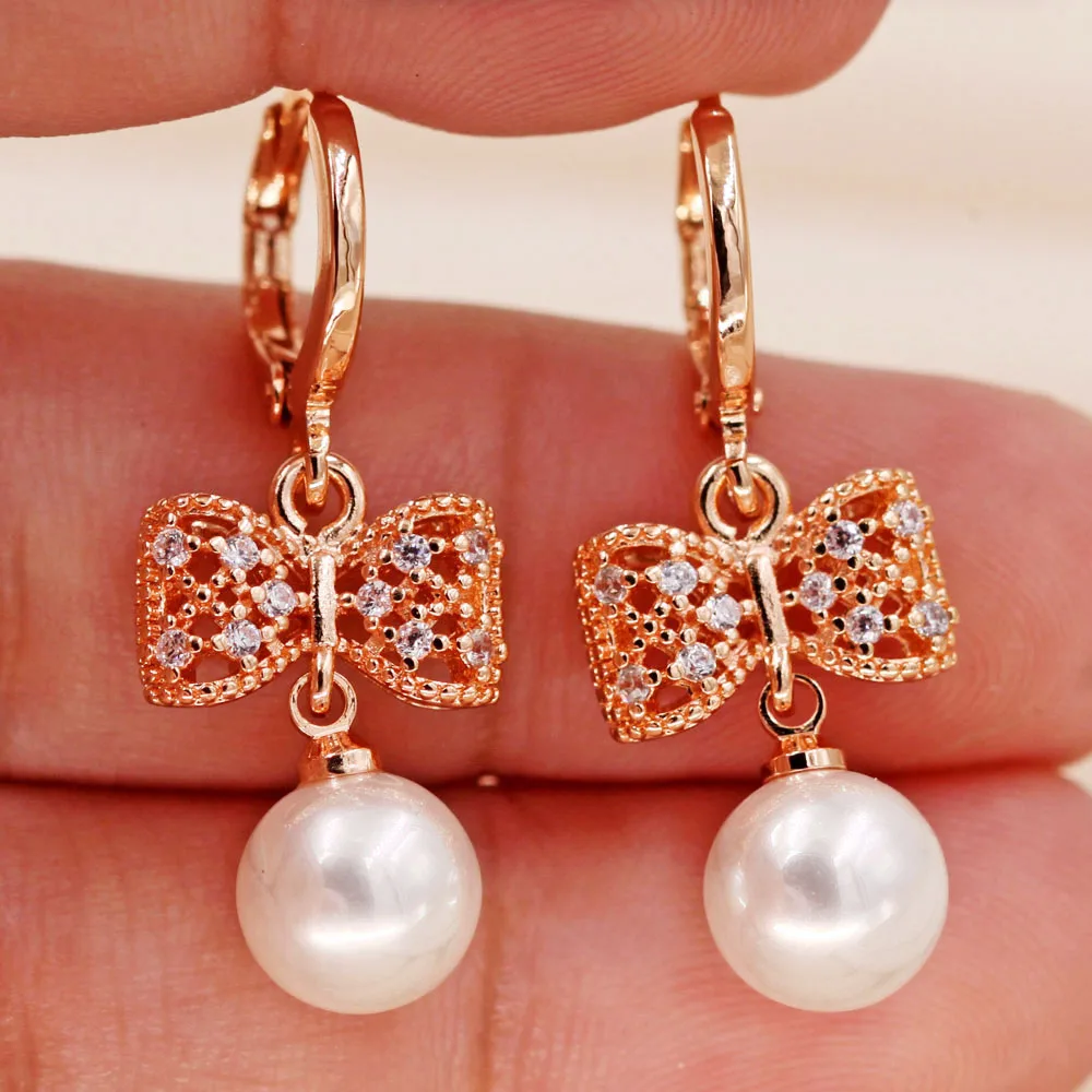 Женские богемные серьги подвески с жемчужинами белые циркониевые позолоченные