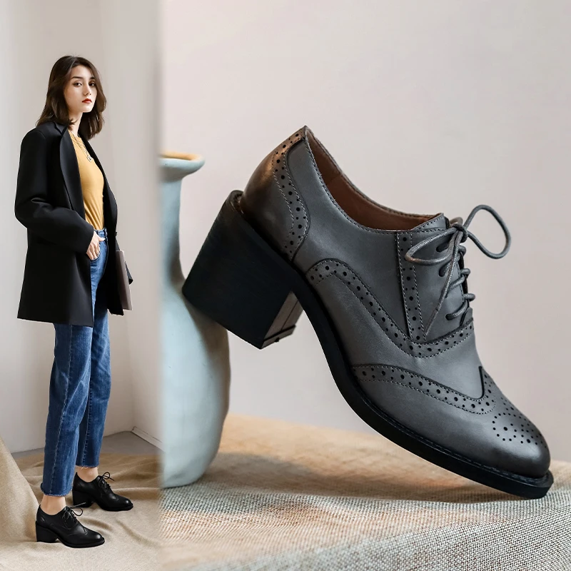 Women's Pump Shallow Brogue Shoe Vintage Chunky Heel Cut Out Oxford Shoes Woman Lace Up Female Fashion Elegant Ladies Short Boot
