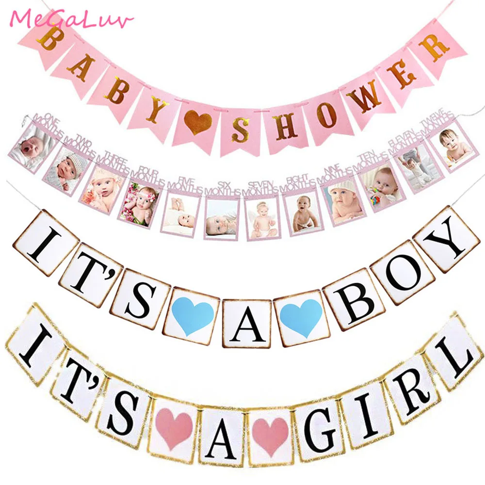 1st Baby Shower со сверкающими золотистыми баннер это для девочек и мальчиков овсянка 12 месяцы фоторамка гирлянда День рождения украшения для ребенка