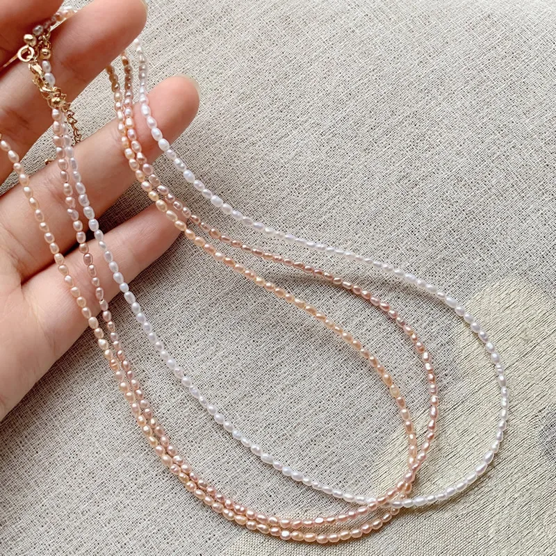 3 4mm Mini Rice Pearl Strand Necklace 
