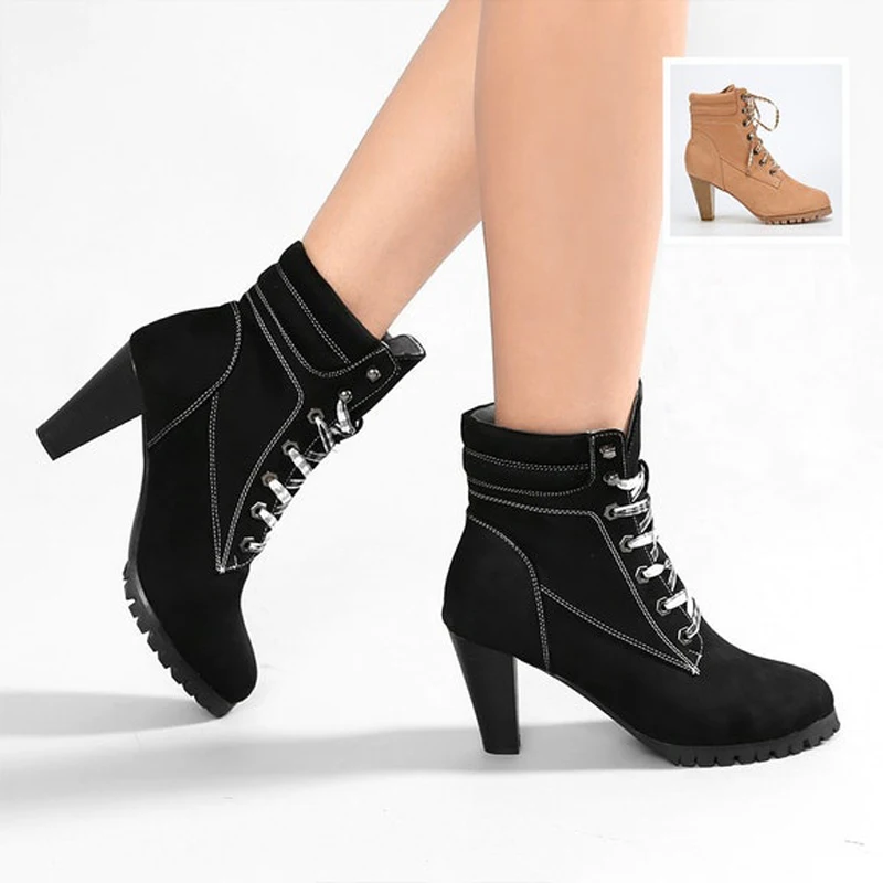 

Plus Size 35-52 Nice New Women Ankle Rain Boots Autumn Fashion Lace Up Shoes Woman High Heels Office Lady Formal Dress Boot