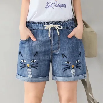 

Plus Size High Waist Ripped Denim Shorts Women Summer Casual Art Cartoon Embroidery Cotton Femme Short Distressed Jeans Pants