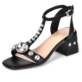

Black Beige Elegant Woman Peep Toe Sandals Shoes SexyT-Strap Rhinestone Buckle All Match Summer Dress Wedding Shoes Woman Trend