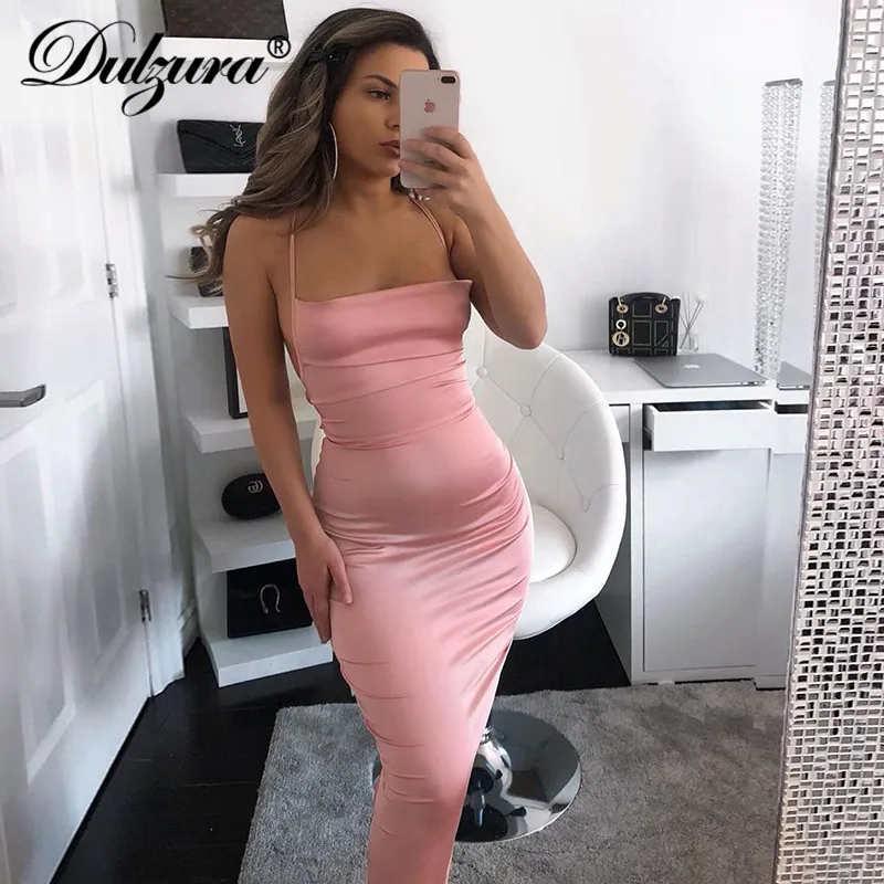 Dulzura neon satin lace up women long midi dress bodycon backless elegant party sexy club clothes 2020 summer dinner outfit Dulzura neon satin lace up women long midi dress bodycon backless elegant party sexy club clothes 2020 summer dinner outfit
