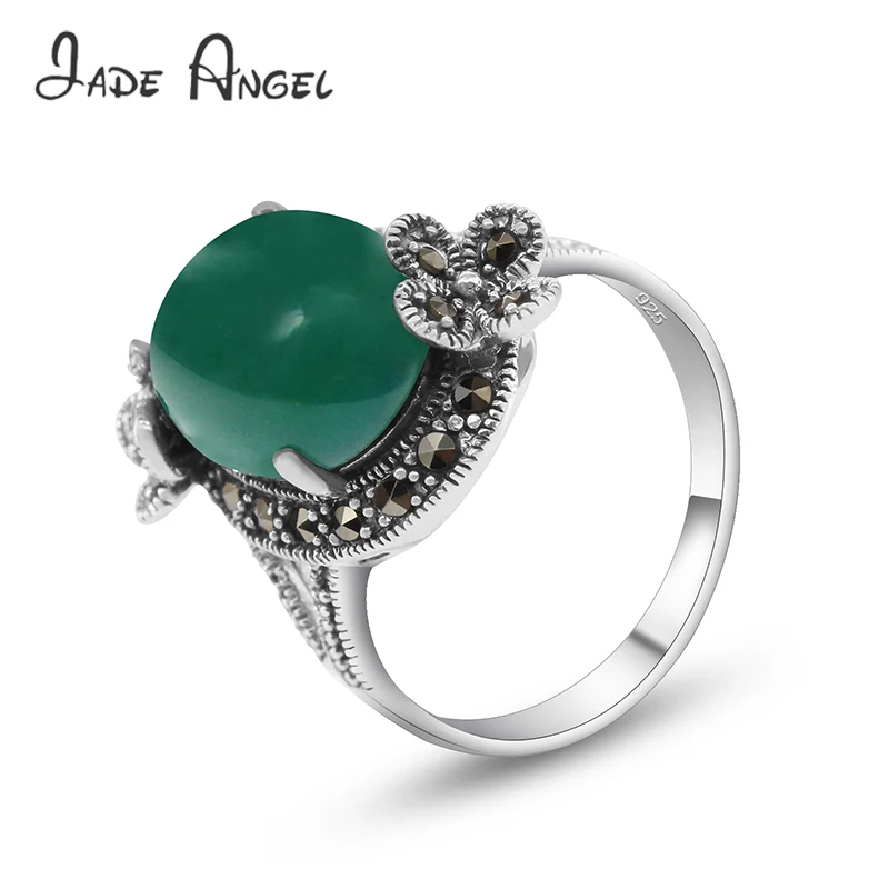 jade天使-女性のためのクラシックな花の形をしたスターリングシルバーリング楕円形緑agate925
