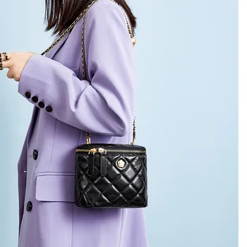 

2020 new popular genuine leather women bucket bag gold bead box bag messenger chain rhombus female bag sling crossbody bags