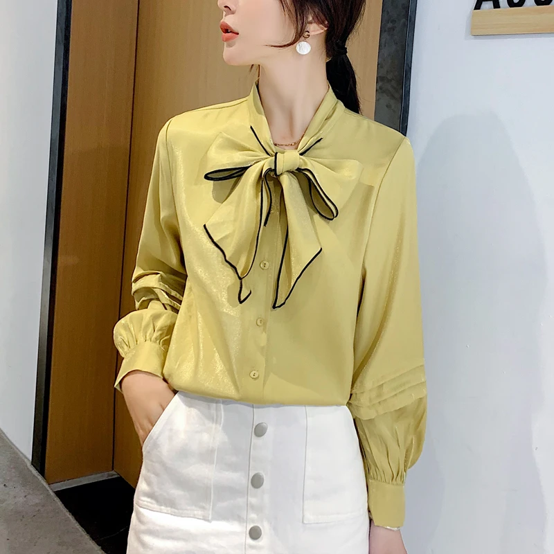 2019 Autumn Women Shirts Bow Full Sleeve Loose + Small Sweet Wind Design Niche Blouse Shirt Yellow 1123