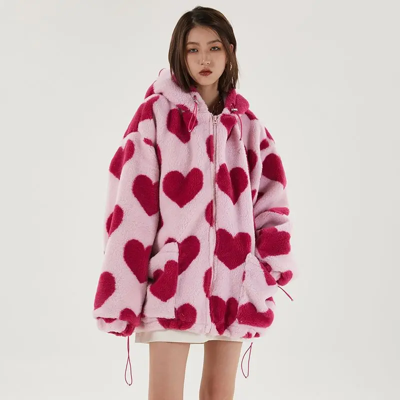 Зимняя уличная куртка Harajuku с принтом Love из кроличьего меха Мужская и Женская