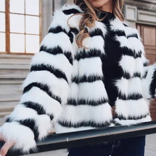 Модное пушистое пальто с мехом, Женское зимнее утепленное теплое пальто с длинным рукавом и круглым вырезом, тонкая верхняя одежда в полоску, куртка, большие размеры