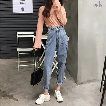 

HziriP Hot Selling Casual High Waist Straight 2019 Chic Simple Streetwear Empire Slim All Match Hole Ankle Length Denim Pants