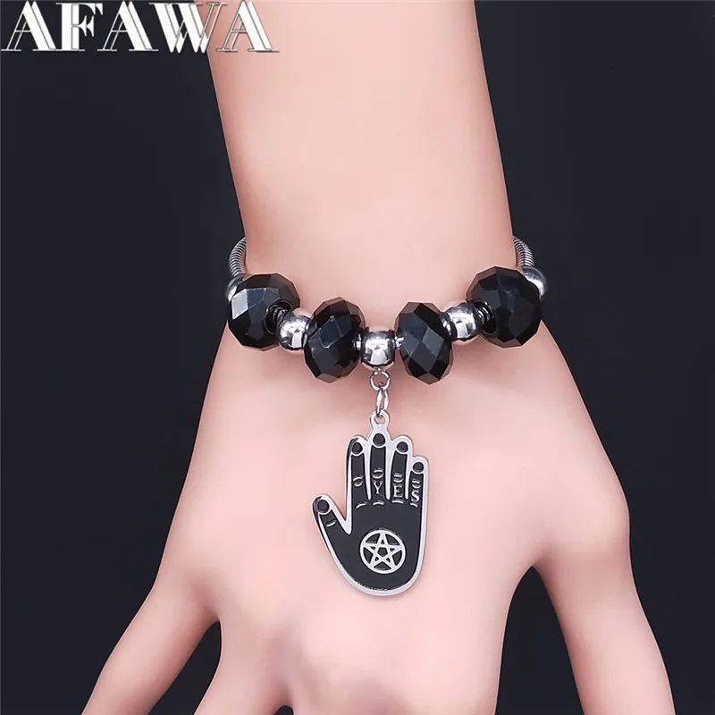 AFAWA Witchcraft Pentagram Hand Black Glass Bead Stainless Steel Chain Bracelets Silver Color Charm Bracelet Jewelry B1895S02 | Украшения и