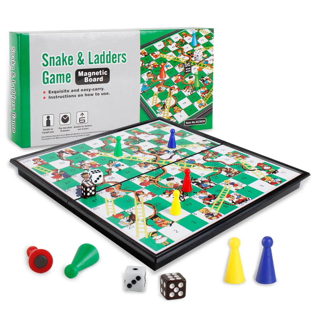 

Portable Snake and Ladders Board Game Foldable Magnetic Children's Game Chess with Fixed Chess Pieces Gift for Kids Adult