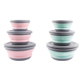 

3PCS Portable Silicone Bowl Folding Bowl Salad Dish With Lid Lunch Box Instant Noodle Bucket Kitchen Picnic School Tableware