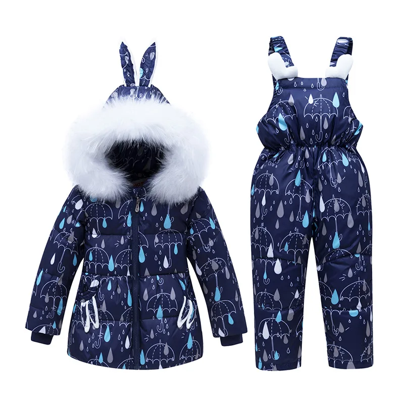 dark blue Зимняя куртка в горошек+ штаны-комбинезон костюмы из двух предметов для девочек детский зимний комбинезон, парка для маленьких девочек пуховое зимнее пальто для малышей - Цвет: dark blue