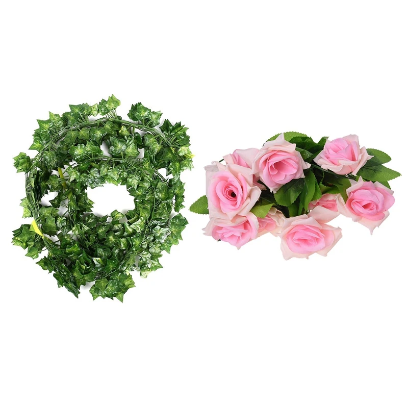 

Artificial Light Pink Rose Leaf Vines Garland Plants Home Decoration Garden & 12 X Artificial Plants of Vine False Flowers Ivy H