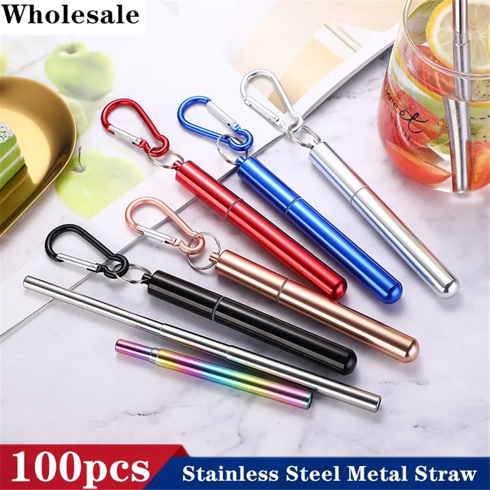 

100pcs Drinking Straws Foldable Straws Reusable Folding Stainless Steel Metal Telescopic with Aluminum Case & Cleaning Brush