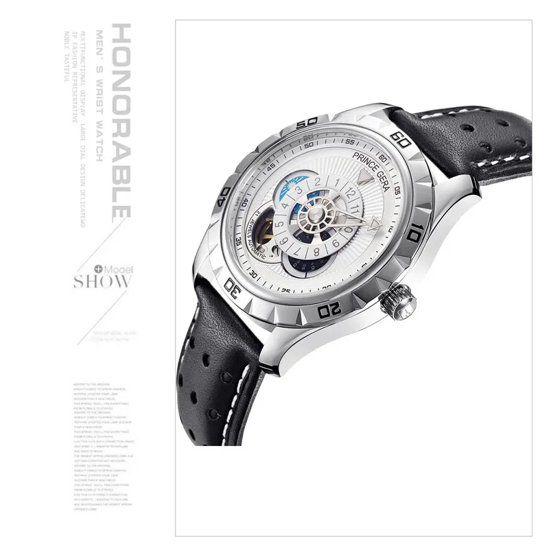 PRINCE GERA Luxury Business Watch Hollow Watch tourbillon Wrist watch Stainless steel case Cowhide Leather Strap Watches For Men
